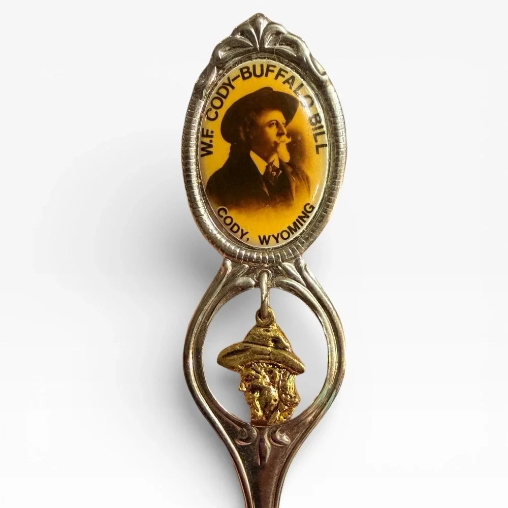 Vintage Buffalo Bill Cody Wyoming Souvenir Spoon with Hanging Buffalo Bill Charm